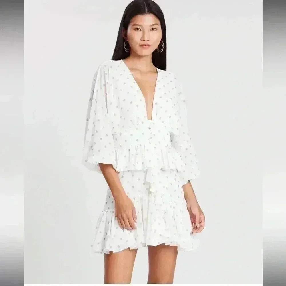 Shona Joy Sophia Dot Print Plunged V-Neck Ruffle Mini Peplum Dress SZ 4